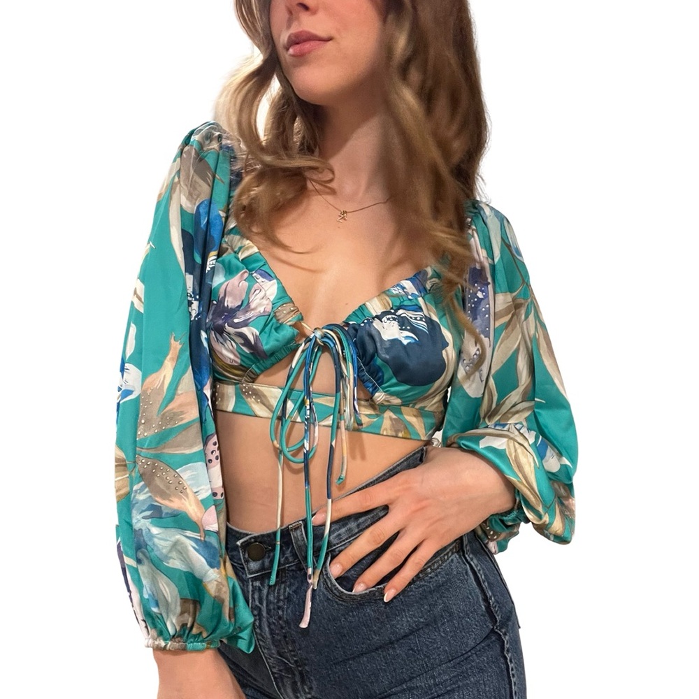 NWT Chicways Freesia Teal Tropical Floral Crop Top Small Beach Festival Sexy